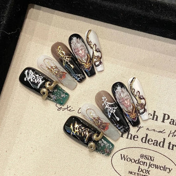 Qfdian 10Pcs High Quality Handmade Press on Nails Earth Demon Spider Dark Super Flash Exaggerated Spider Spicy Girl Personality Gothic